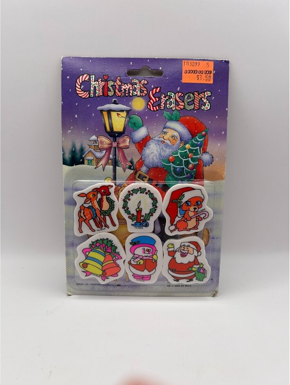 Vintage Christmas Erasers Pack of 6 Santa Snowman Deer Sabre Taiwan New